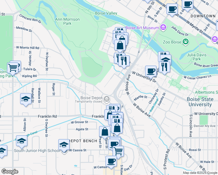 map of restaurants, bars, coffee shops, grocery stores, and more near 1570 South Lusk Place in Boise
