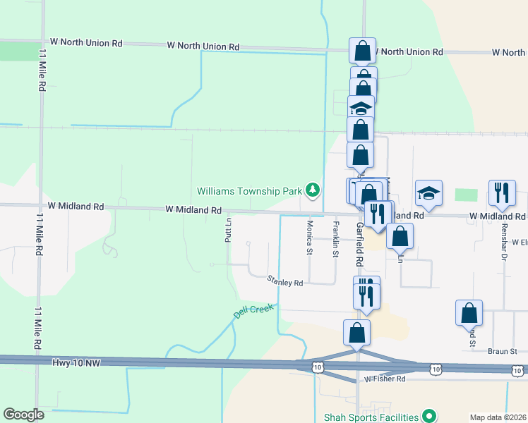 map of restaurants, bars, coffee shops, grocery stores, and more near 1160 West Midland Road in Auburn