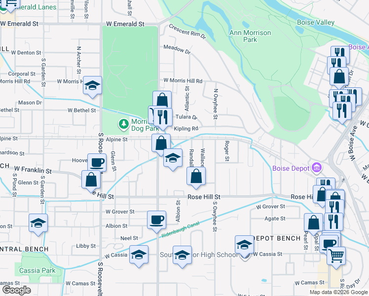 map of restaurants, bars, coffee shops, grocery stores, and more near 25 Randall Street in Boise