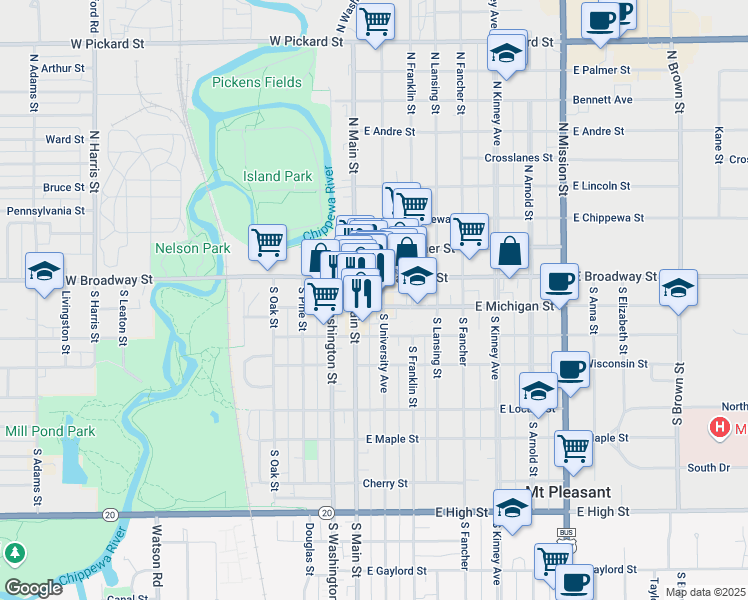 map of restaurants, bars, coffee shops, grocery stores, and more near 111 East Michigan Street in Mount Pleasant