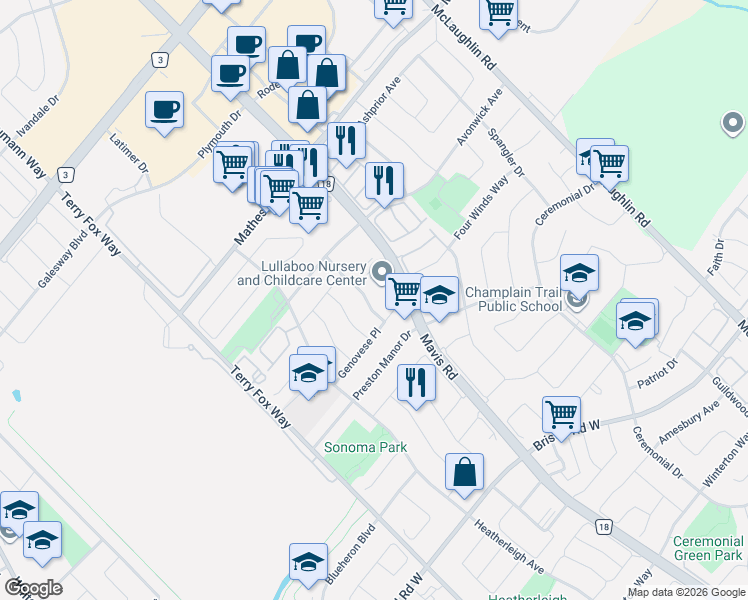 map of restaurants, bars, coffee shops, grocery stores, and more near 5653 Volpe Avenue in Mississauga