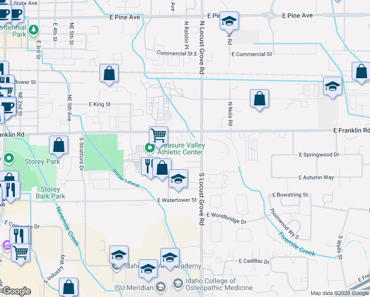 map of restaurants, bars, coffee shops, grocery stores, and more near 1475 East Franklin Road in Meridian