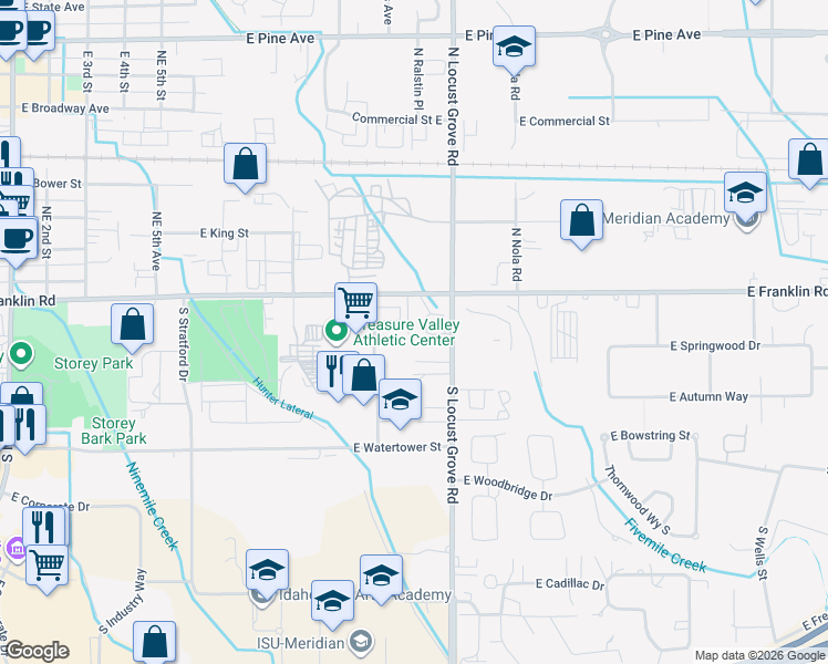 map of restaurants, bars, coffee shops, grocery stores, and more near 1475 East Franklin Road in Meridian
