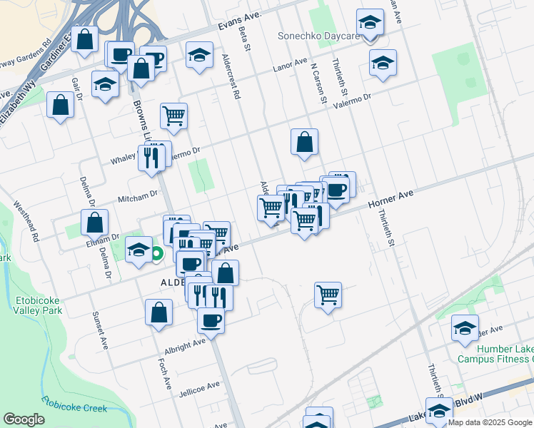 map of restaurants, bars, coffee shops, grocery stores, and more near in Toronto