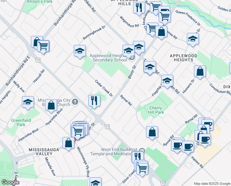 map of restaurants, bars, coffee shops, grocery stores, and more near in Mississauga