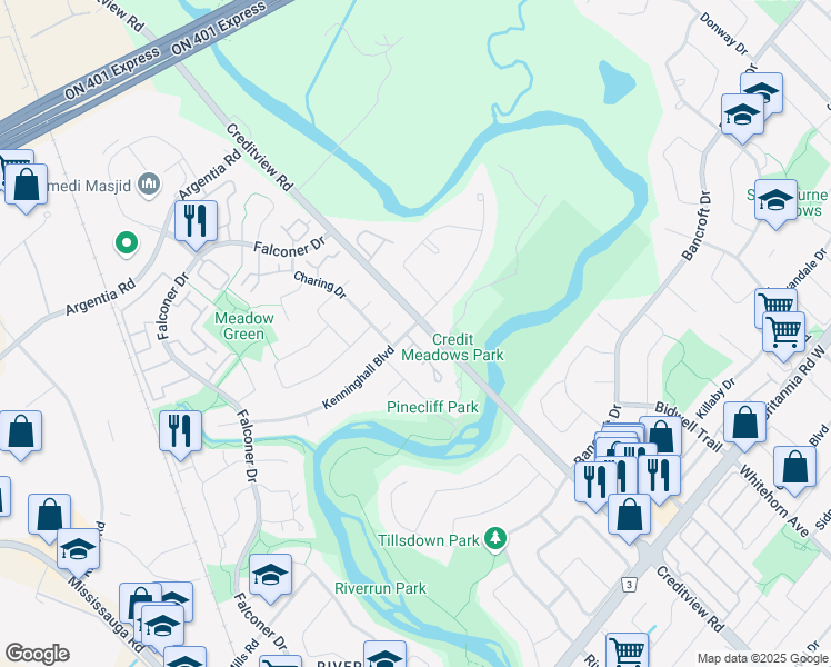 map of restaurants, bars, coffee shops, grocery stores, and more near 59 Kenninghall Boulevard in Mississauga