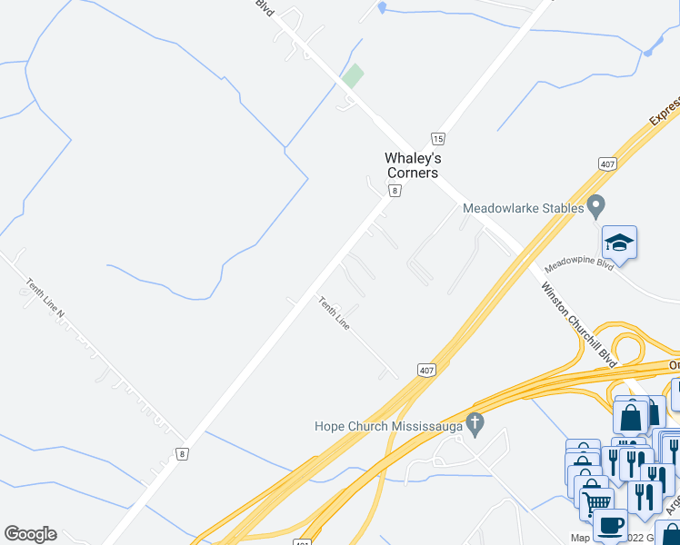 map of restaurants, bars, coffee shops, grocery stores, and more near 16622 Steeles Avenue in Halton Hills