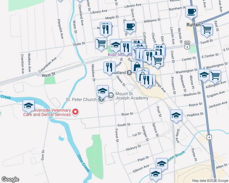 map of restaurants, bars, coffee shops, grocery stores, and more near 60 Forest Street in Rutland