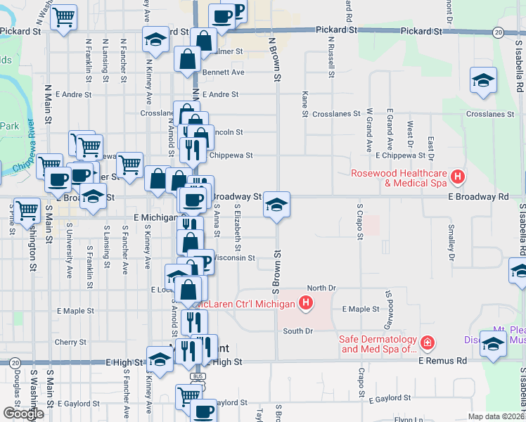 map of restaurants, bars, coffee shops, grocery stores, and more near 1000-1198 East Michigan Street in Mount Pleasant