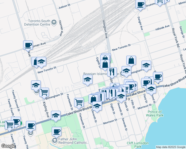 map of restaurants, bars, coffee shops, grocery stores, and more near 106 Birmingham St in Toronto