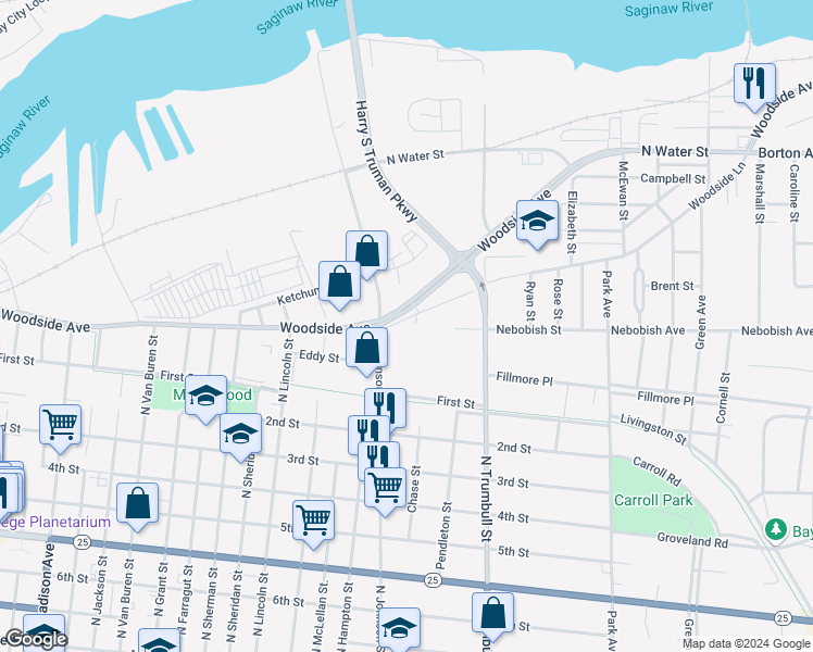 map of restaurants, bars, coffee shops, grocery stores, and more near 1712 Woodside Court in Bay City