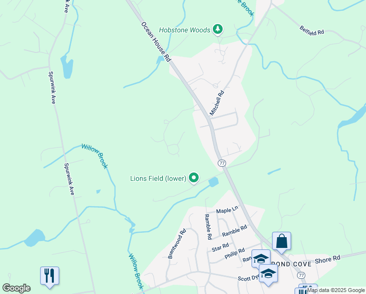 map of restaurants, bars, coffee shops, grocery stores, and more near 36 Oakwood Drive in South Portland