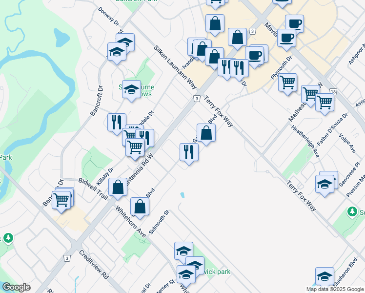 map of restaurants, bars, coffee shops, grocery stores, and more near 5883 Stonebriar Crescent in Mississauga