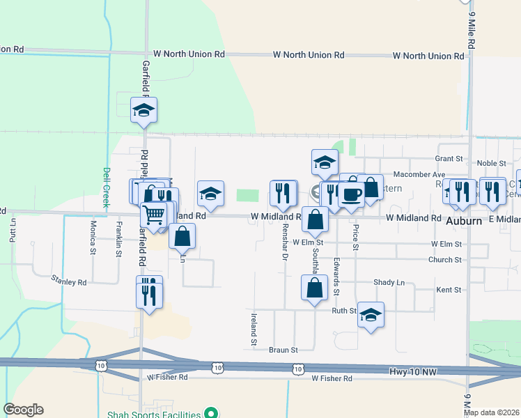 map of restaurants, bars, coffee shops, grocery stores, and more near 803-815 West Midland Road in Auburn