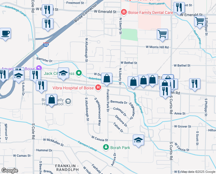 map of restaurants, bars, coffee shops, grocery stores, and more near 5 Franklin Park Drive in Boise