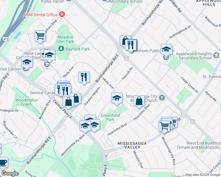 map of restaurants, bars, coffee shops, grocery stores, and more near 3622 Molly Avenue in Mississauga