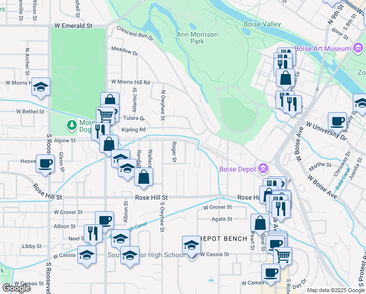 map of restaurants, bars, coffee shops, grocery stores, and more near 20 Roger Street in Boise