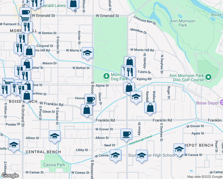 map of restaurants, bars, coffee shops, grocery stores, and more near 101 Stapleton Lane in Boise