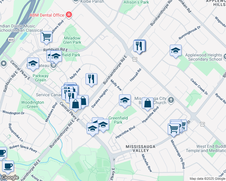 map of restaurants, bars, coffee shops, grocery stores, and more near in Mississauga