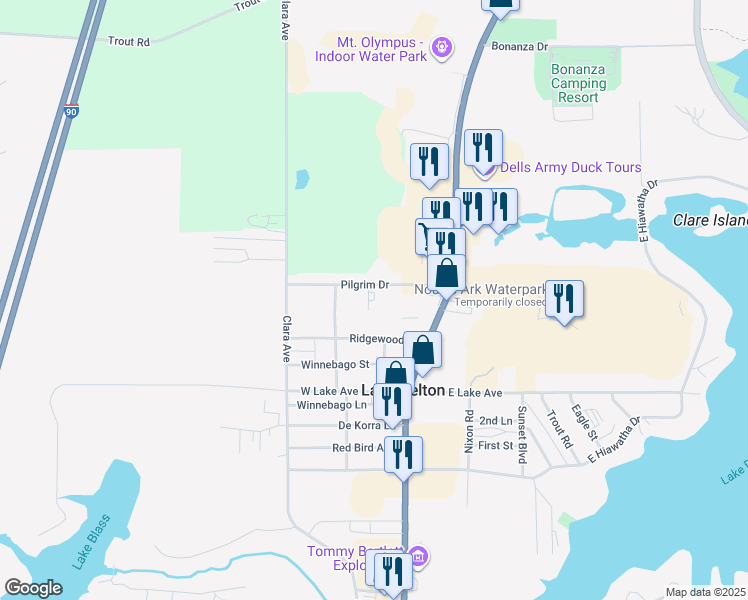 map of restaurants, bars, coffee shops, grocery stores, and more near 114 Pilgrim Drive in Wisconsin Dells