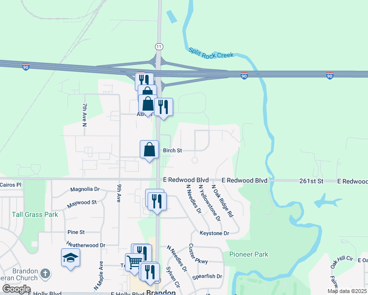 map of restaurants, bars, coffee shops, grocery stores, and more near 1405 Birch Street in Brandon