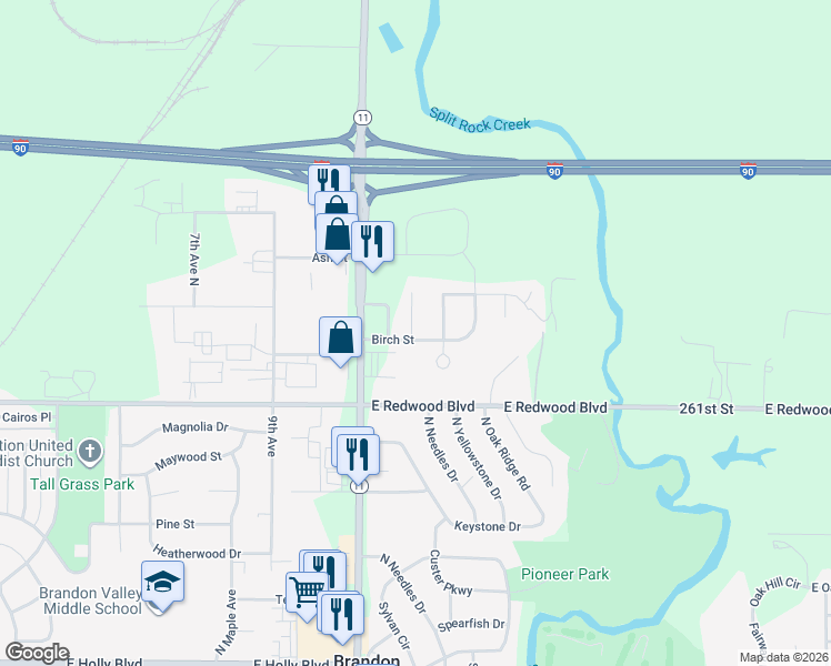 map of restaurants, bars, coffee shops, grocery stores, and more near 1405 Birch Street in Brandon