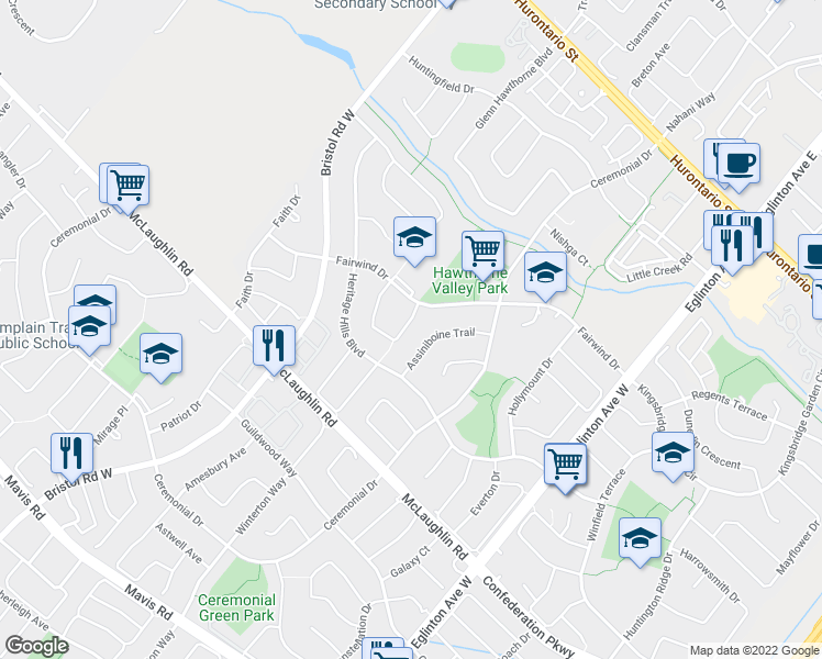 map of restaurants, bars, coffee shops, grocery stores, and more near 406 Wendron Crescent in Mississauga