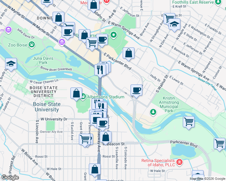 map of restaurants, bars, coffee shops, grocery stores, and more near 749 East Park Boulevard in Boise