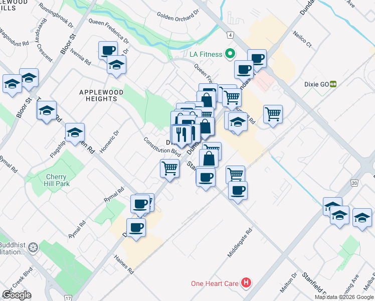 map of restaurants, bars, coffee shops, grocery stores, and more near 1125 Dundas Street East in Mississauga