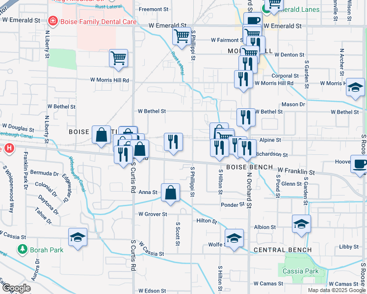 map of restaurants, bars, coffee shops, grocery stores, and more near 5440 Franklin Road in Boise