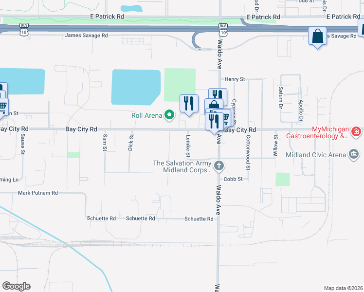 map of restaurants, bars, coffee shops, grocery stores, and more near 409 Lemke Street in Midland
