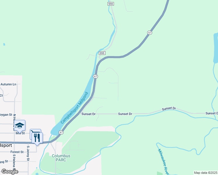 map of restaurants, bars, coffee shops, grocery stores, and more near N1755 Sunset Lane in Campbellsport
