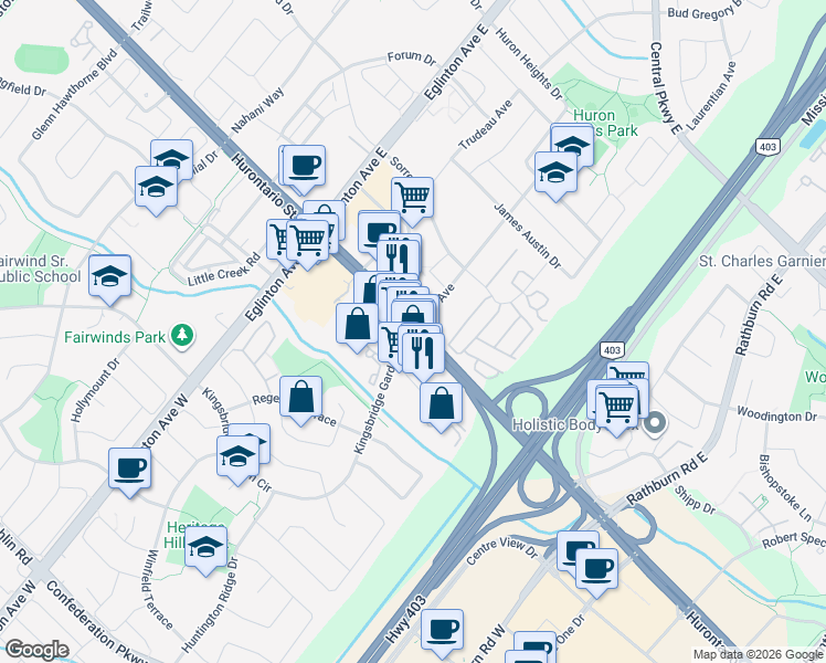 map of restaurants, bars, coffee shops, grocery stores, and more near 25 Kingsbridge Garden Circle in Mississauga