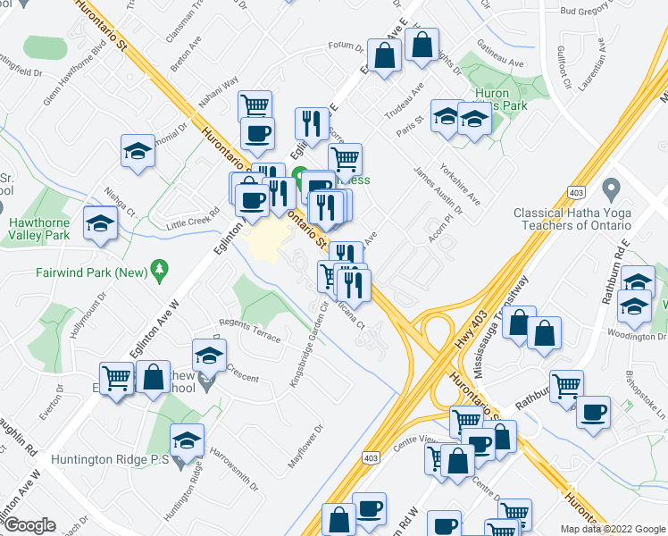 map of restaurants, bars, coffee shops, grocery stores, and more near in Mississauga