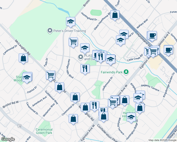 map of restaurants, bars, coffee shops, grocery stores, and more near 337 Assiniboine Trail in Mississauga