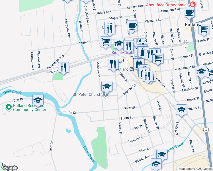 map of restaurants, bars, coffee shops, grocery stores, and more near 53 Chaffee Avenue in Rutland