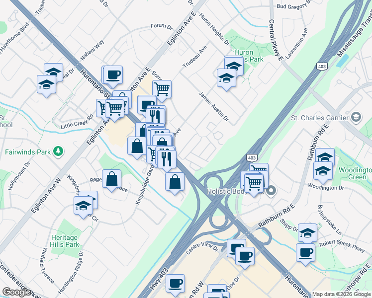 map of restaurants, bars, coffee shops, grocery stores, and more near 80 Acorn Place in Mississauga