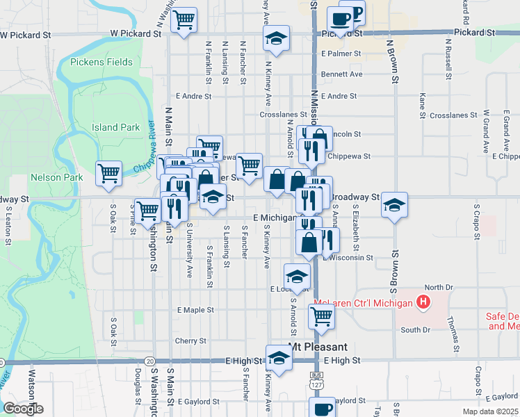 map of restaurants, bars, coffee shops, grocery stores, and more near 116 South Kinney Avenue in Mount Pleasant