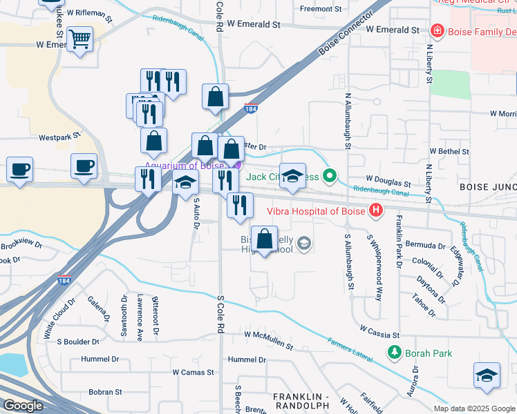 map of restaurants, bars, coffee shops, grocery stores, and more near 92 South Cole Road in Boise