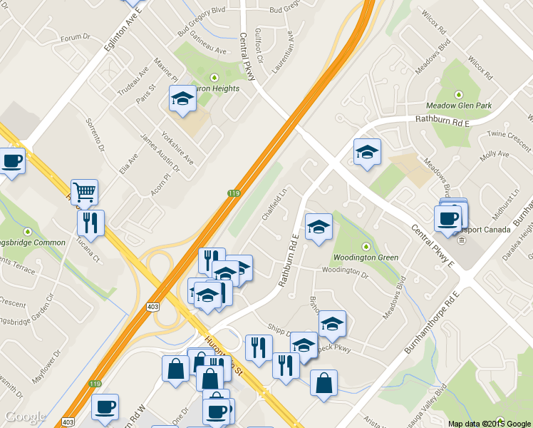 map of restaurants, bars, coffee shops, grocery stores, and more near 199 Chalfield Lane in Mississauga