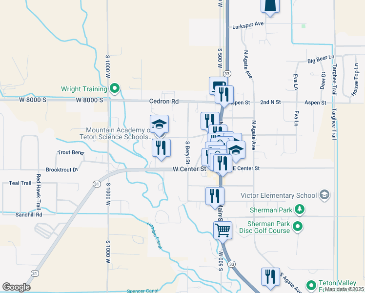 map of restaurants, bars, coffee shops, grocery stores, and more near 57 South Beryl Avenue in Victor
