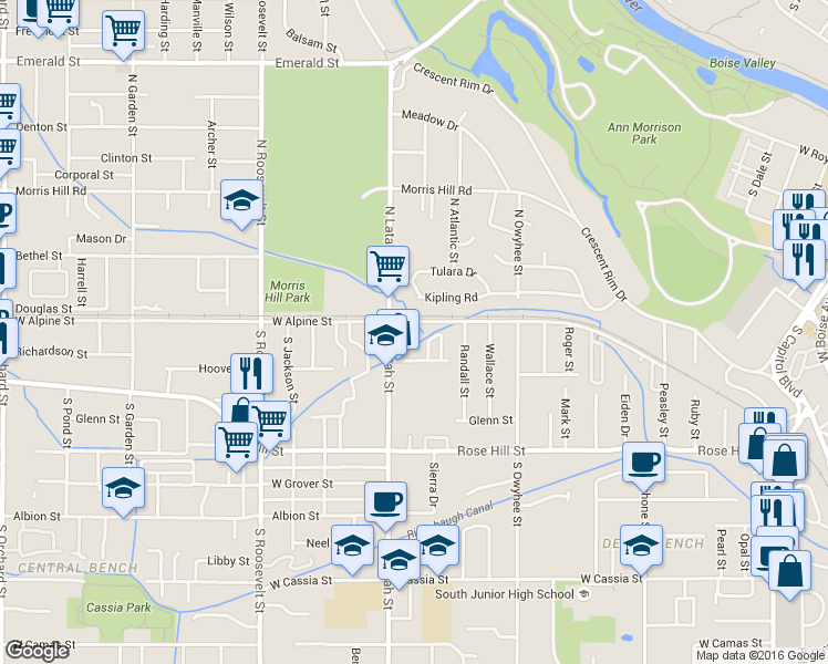 map of restaurants, bars, coffee shops, grocery stores, and more near 39 Leona Circle in Boise