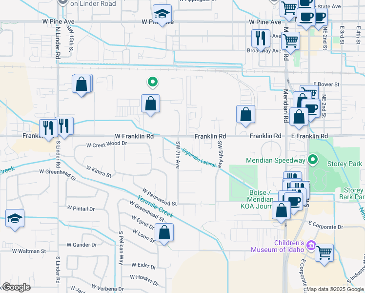 map of restaurants, bars, coffee shops, grocery stores, and more near 140 Southwest 7th Avenue in Meridian