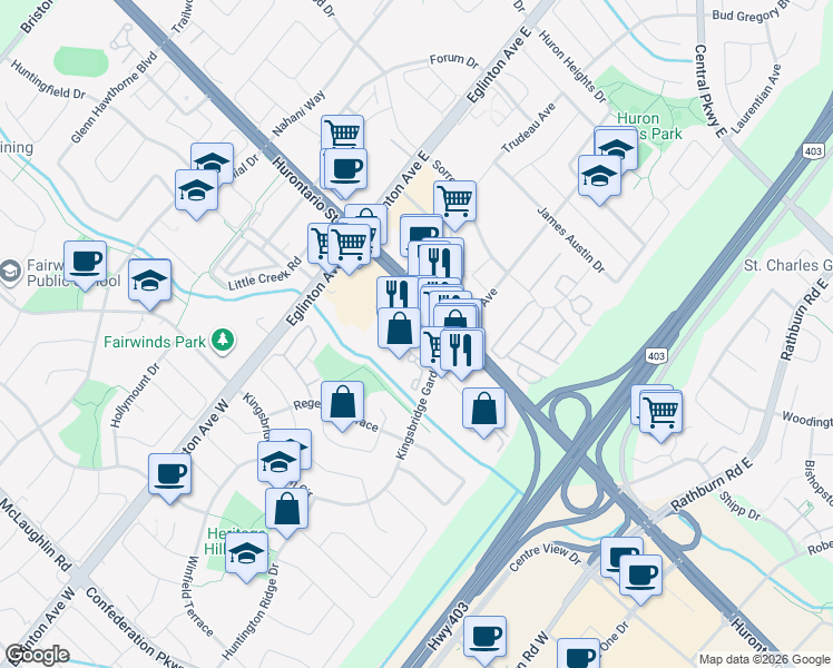 map of restaurants, bars, coffee shops, grocery stores, and more near 25 Kingsbridge Garden Circle in Mississauga