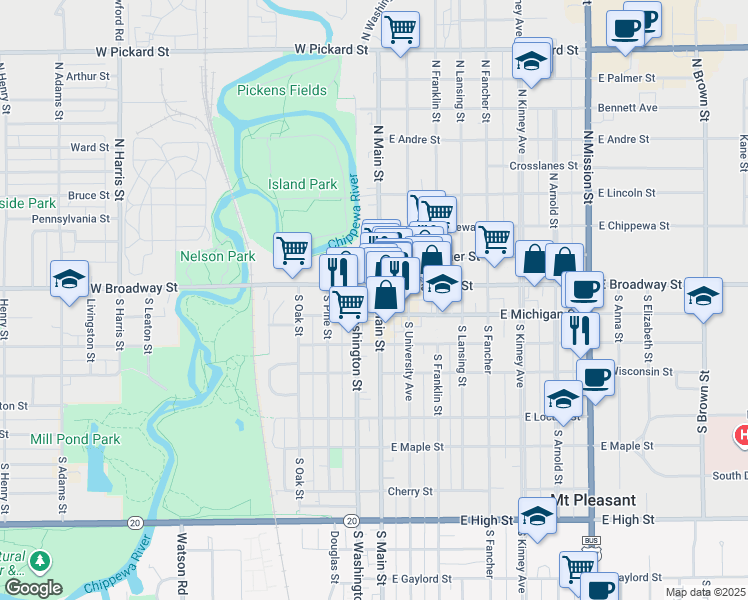 map of restaurants, bars, coffee shops, grocery stores, and more near 108 West Michigan Street in Mount Pleasant