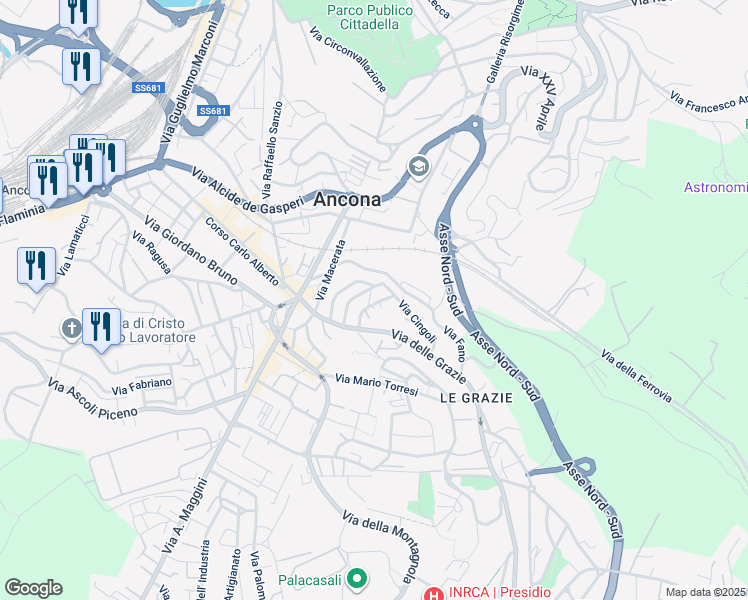 map of restaurants, bars, coffee shops, grocery stores, and more near 31 Via delle Grazie in Ancona