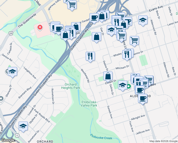 map of restaurants, bars, coffee shops, grocery stores, and more near 19 Putney Road in Toronto