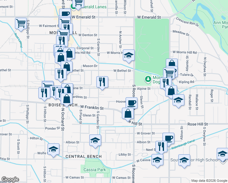 map of restaurants, bars, coffee shops, grocery stores, and more near 4407 West Alpine Street in Boise