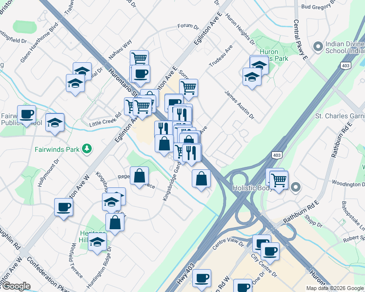 map of restaurants, bars, coffee shops, grocery stores, and more near 25 Kingsbridge Garden Circle in Mississauga