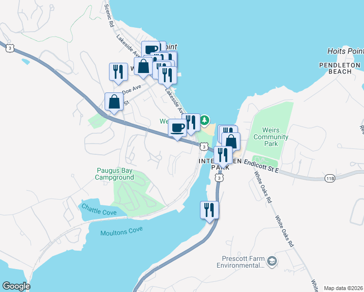 map of restaurants, bars, coffee shops, grocery stores, and more near 70 Endicott Street North in Laconia